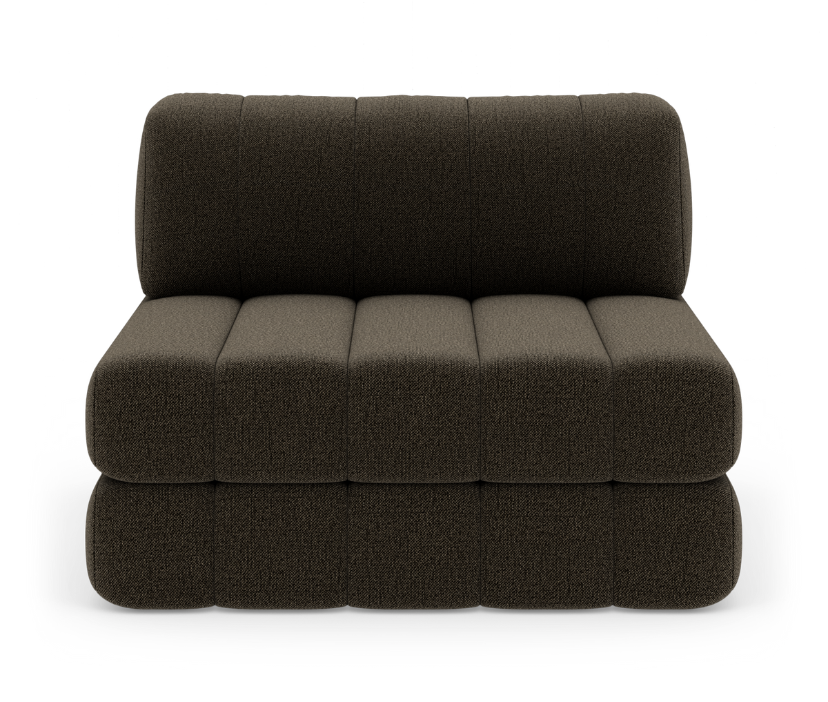 Mørkebrun modulær 2‑personers sofa uden armlæn med afrundede, quiltede puder, frilagt mod hvid baggrund.