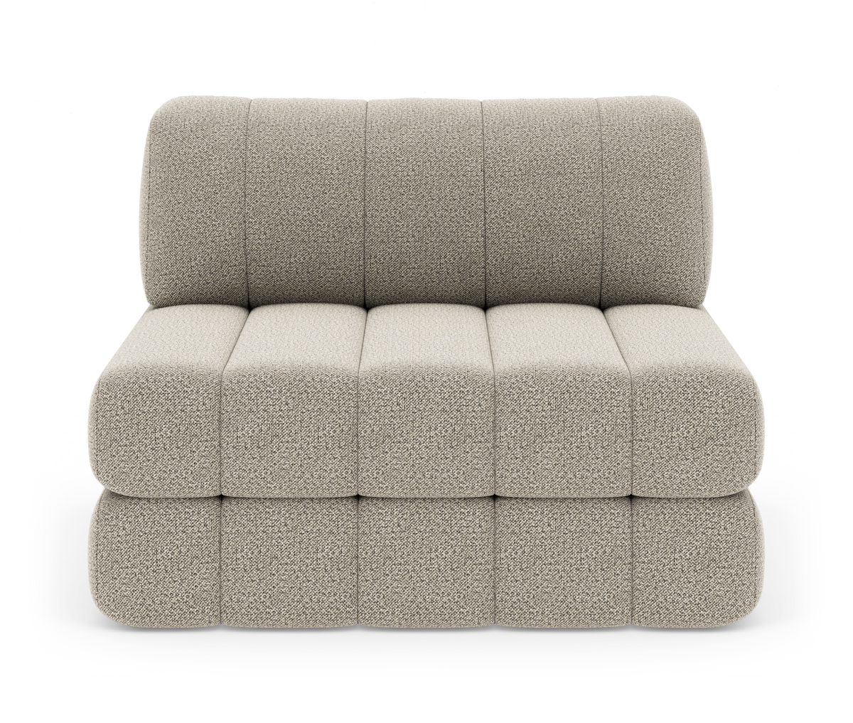 Beige modulsofa uden armlæn med afrundede, polstrede sektioner i bouclé, fotograferet forfra på hvid studiebaggrund.