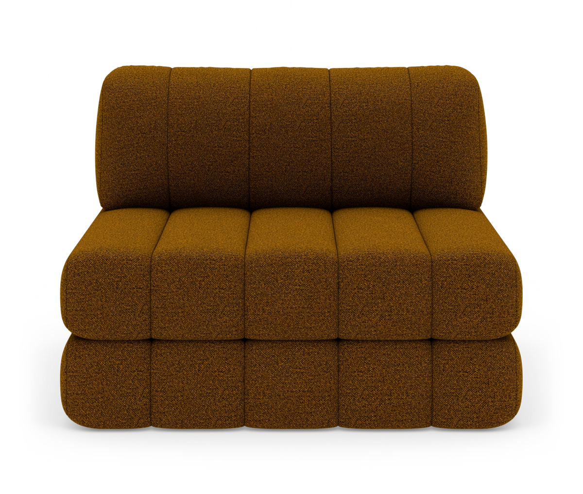 Modulær 2-personers sofa i brun/mustard bouclé med afrundede pudeelementer, set forfra på hvid baggrund.