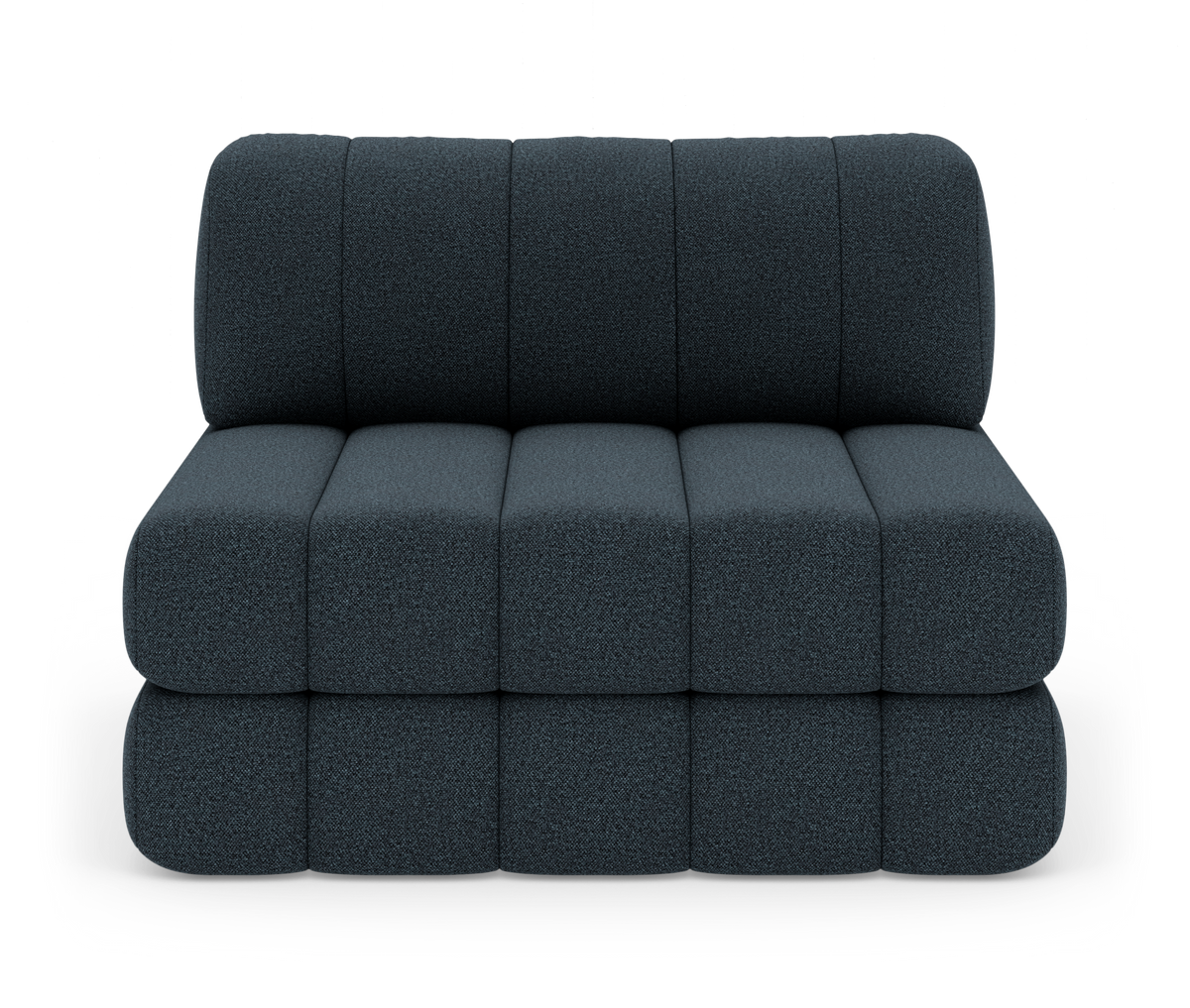 Modulsofa i mørkeblåt tekstil, frontvisning med afrundede, puffede sektioner på hvid baggrund.