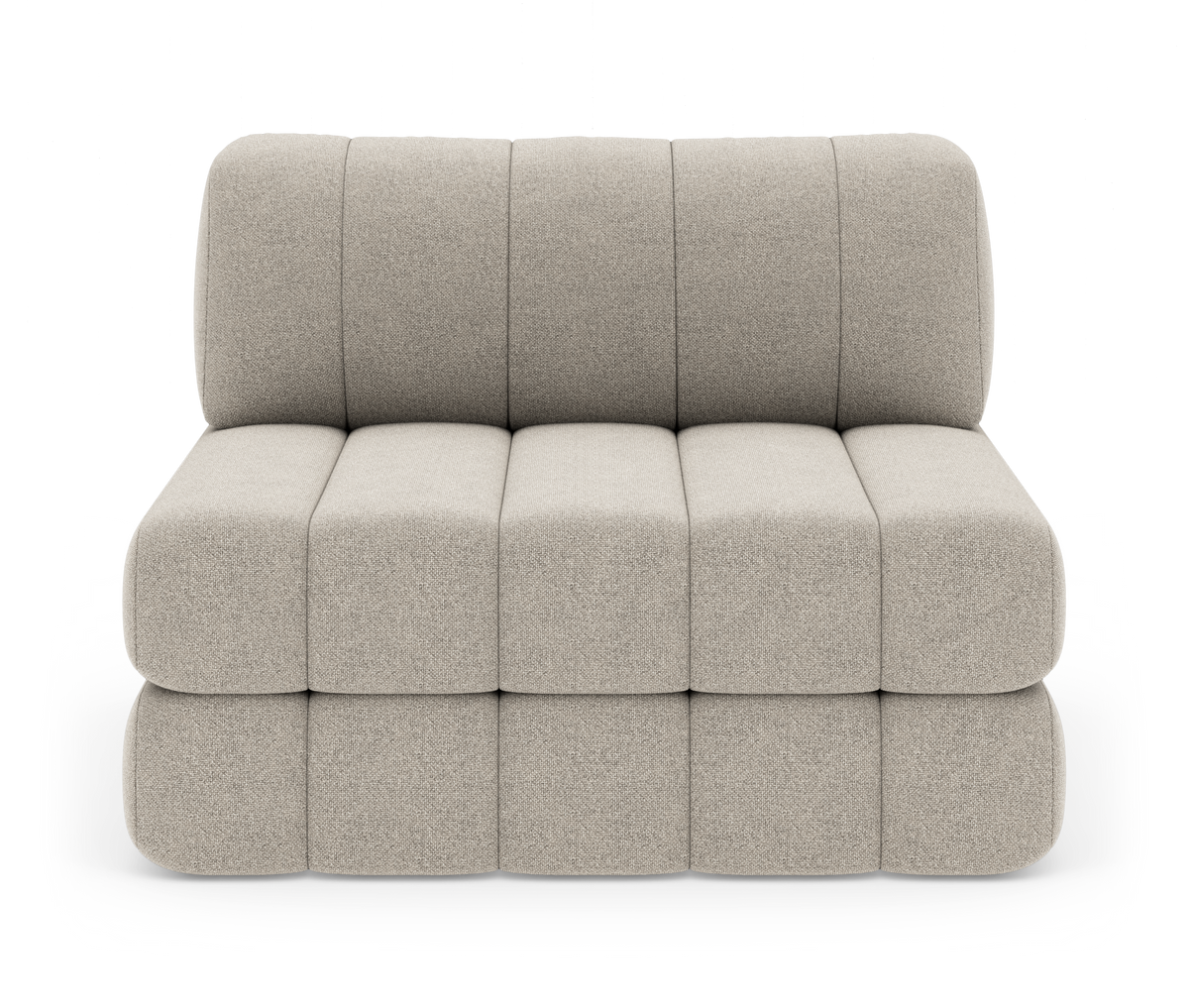 Modulær to-sæders uden armlæn i beige stof, frontview, afrundede bloksektioner, fritstående på hvid baggrund.