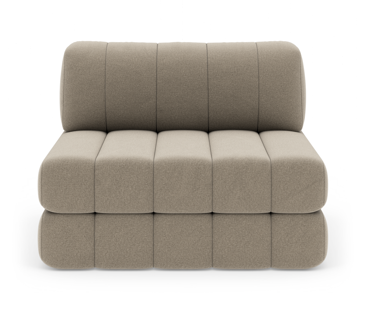 Beige armløs modulsofa i stof, fritstående sektion med afrundede, polstrede blokke set forfra.