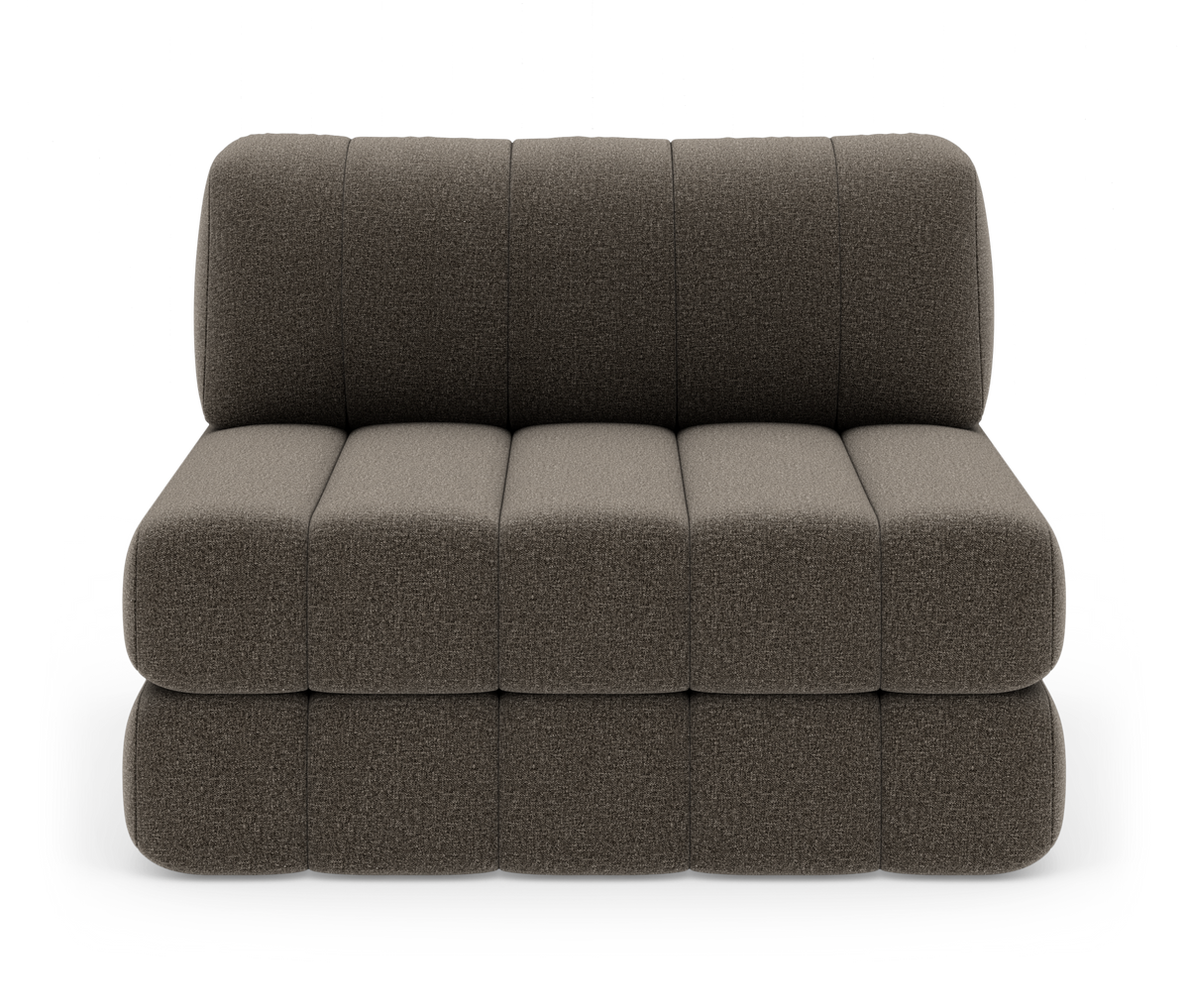 Modulsofa uden armlæn i mørkegrå tekstil med afrundede, blokquiltede sæde- og ryghynder, frilagt på hvid baggrund.