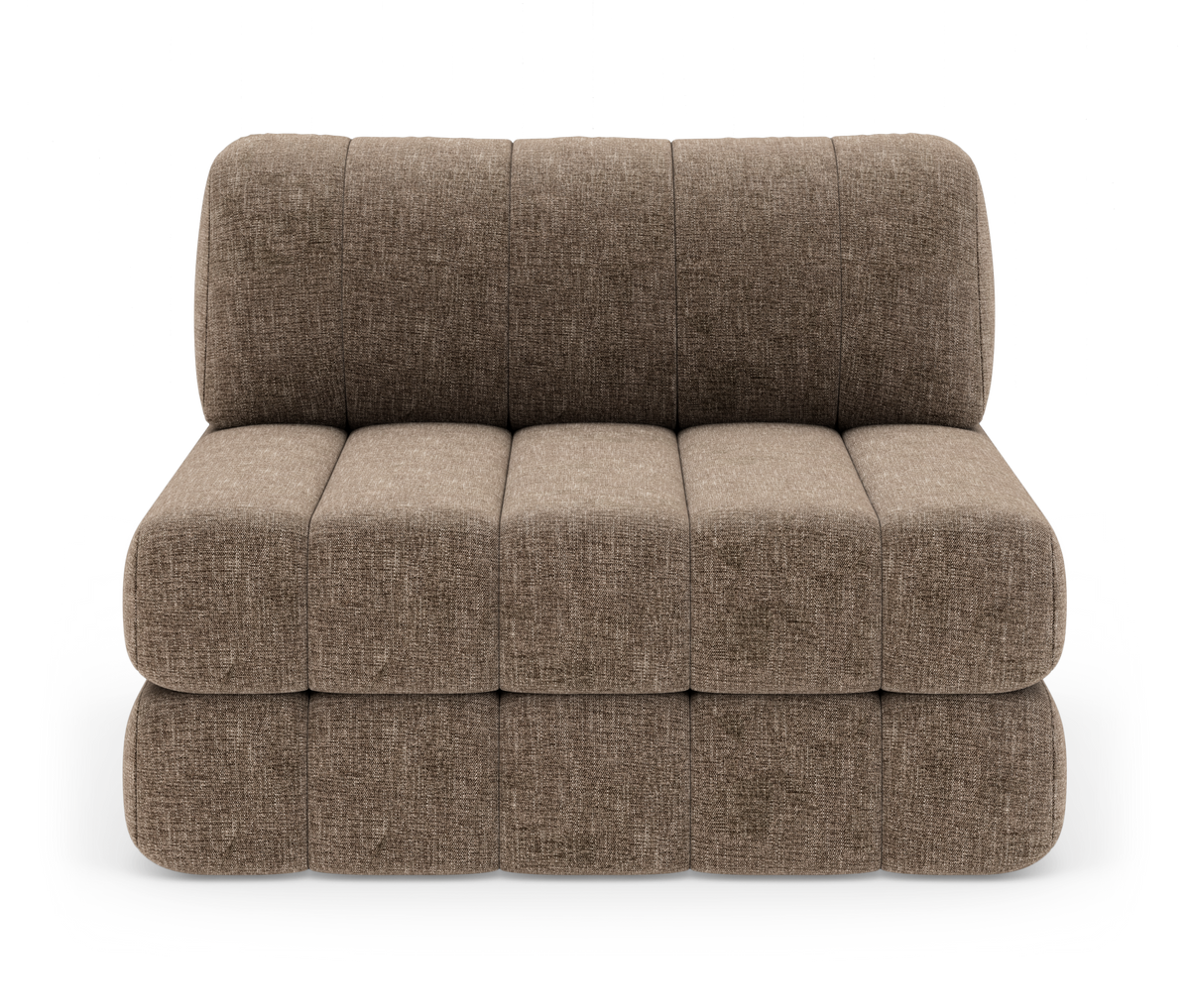 Modulær 2-personers sofa uden armlæn i brunmeleret stof, frontvisning mod hvid baggrund.