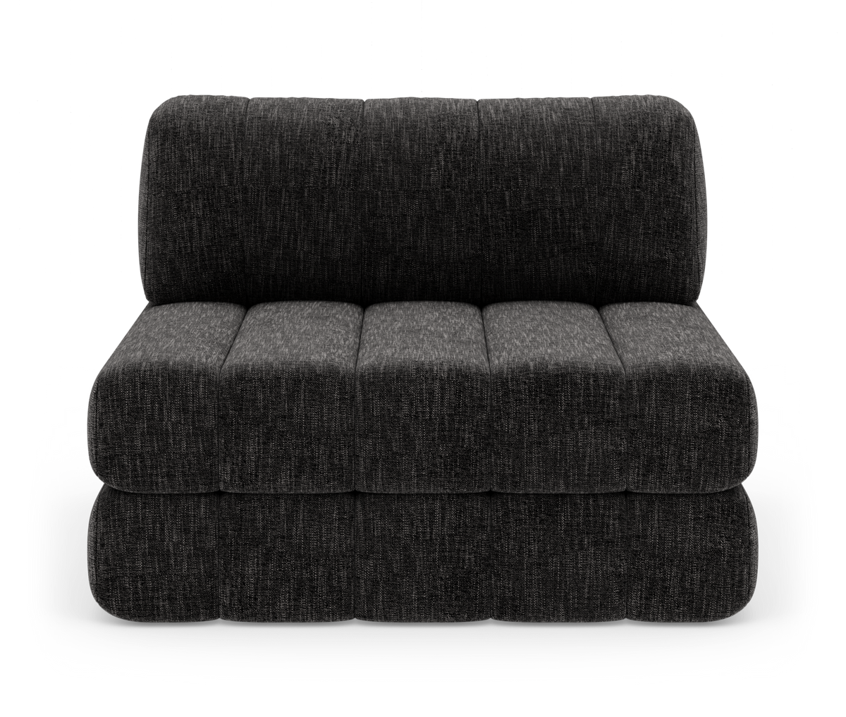 Mørkegrå armløs modulsofa i front, fotograferet i studie mod hvid baggrund.