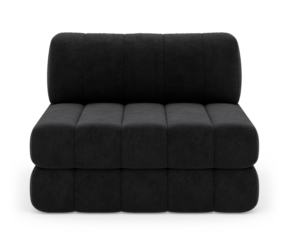 Modulær armløs 2-personers sofa i mørk grafitfarvet fløjl, frontvisning på hvid baggrund.