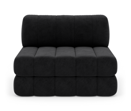 Modulær armløs 2-personers sofa i mørk grafitfarvet fløjl, frontvisning på hvid baggrund.