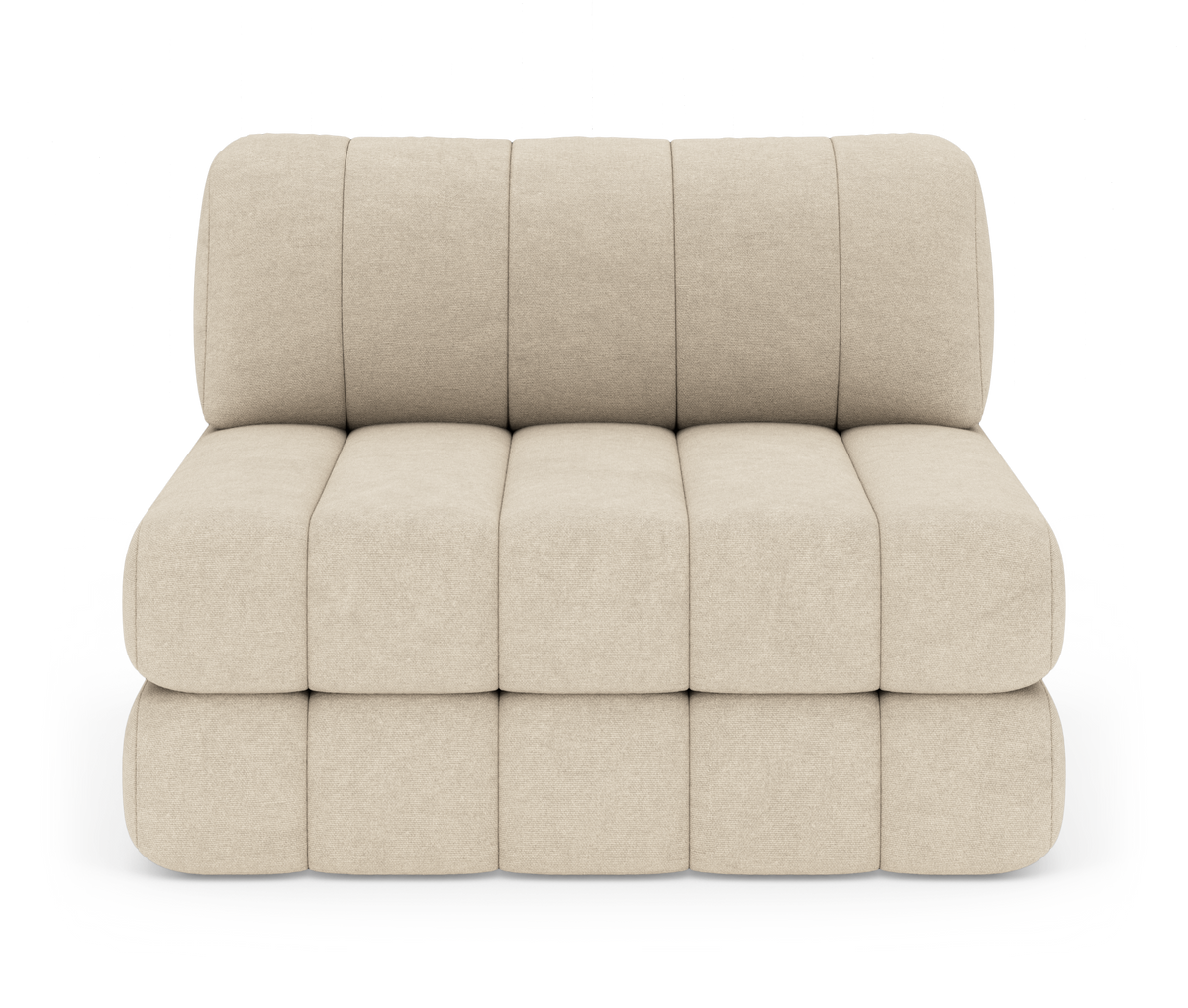 Beige modulsofa uden armlæn med segmenterede, bløde puder, frontvisning på hvid baggrund.