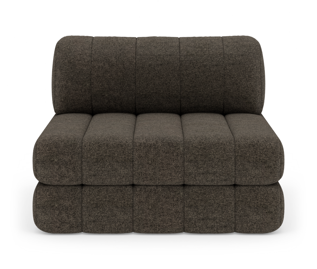 Modulsofa i mørkebrun tekstil, frontvisning mod hvid studiobaggrund.