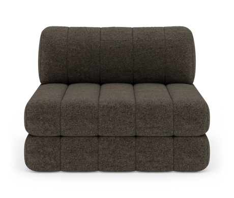 Modulsofa i mørkebrun tekstil, frontvisning mod hvid studiobaggrund.