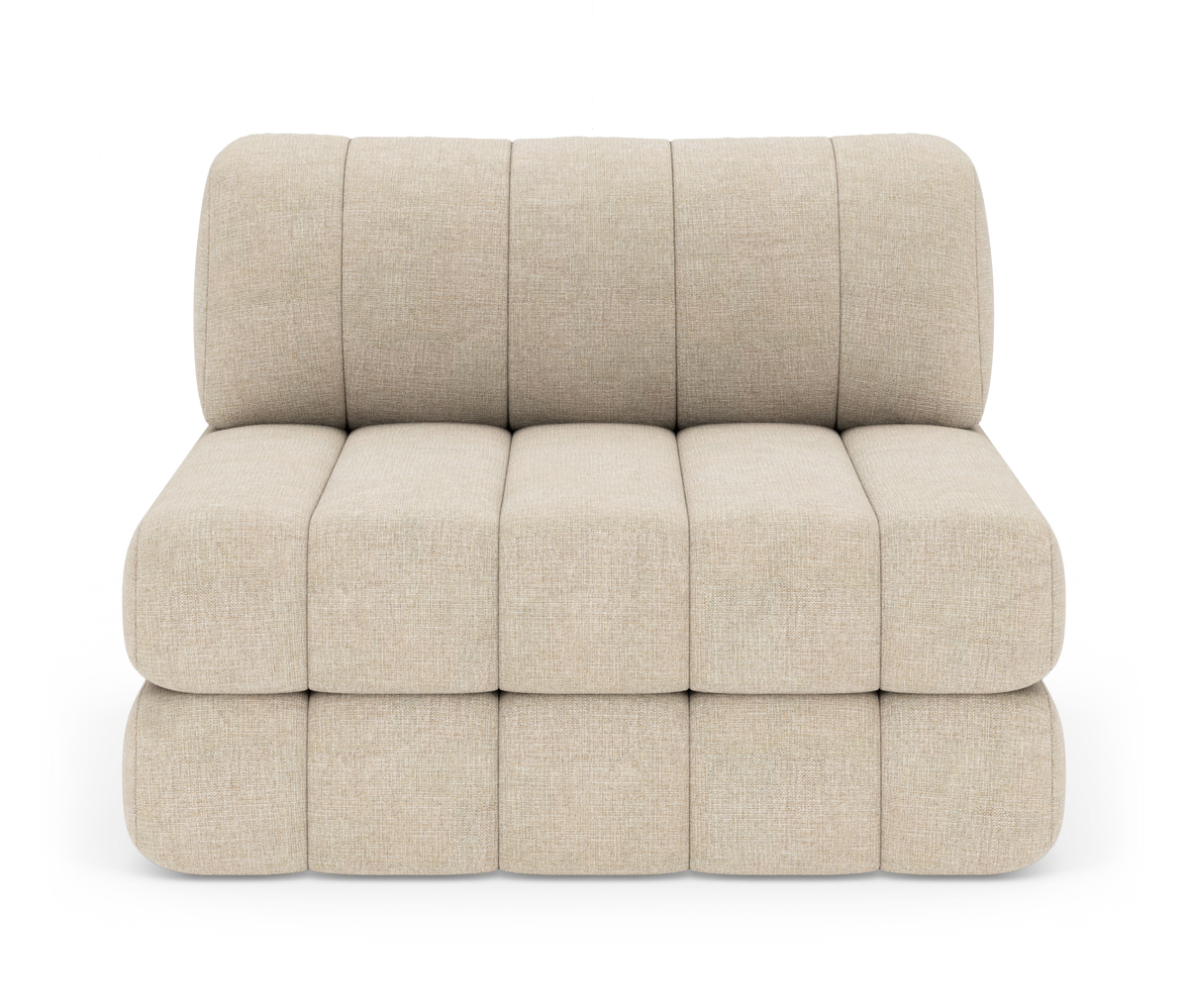 Beige armløs sofa-modul i stof, frontvisning med afrundede kanter og kanalsyet polstring.