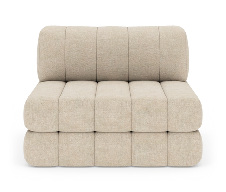 Beige armløs sofa-modul i stof, frontvisning med afrundede kanter og kanalsyet polstring.