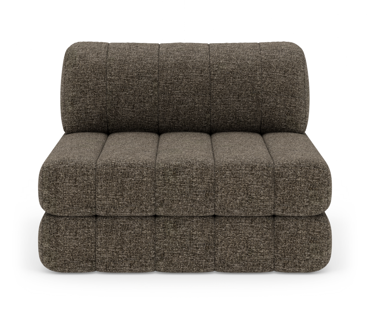 Modulær armløs 2-personers sofa i meleret brun tekstil, frontvisning på hvid studiobaggrund.