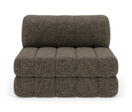Modulær armløs 2-personers sofa i meleret brun tekstil, frontvisning på hvid studiobaggrund.