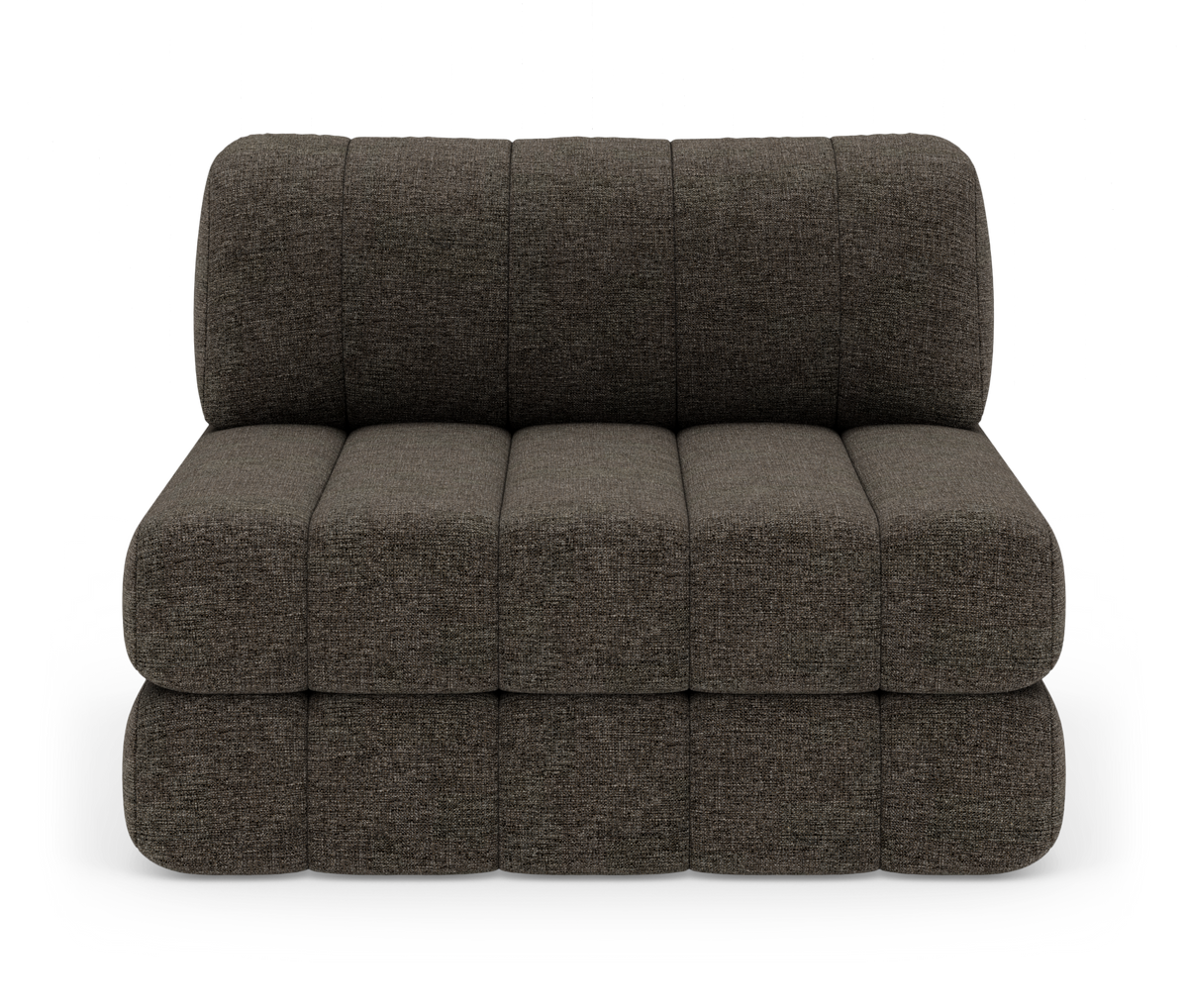 Modulær armløs to-personers sofa i mørkegråt stof, frontvisning på hvid baggrund.