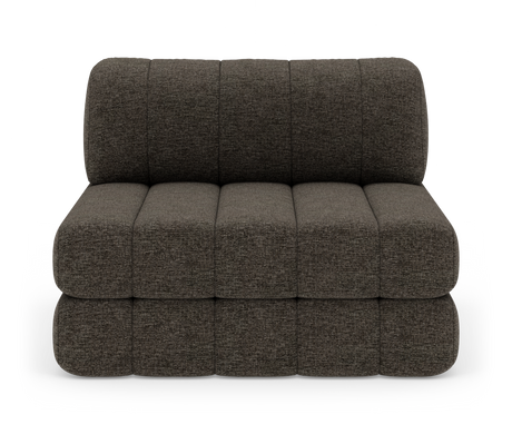 Modulær armløs to-personers sofa i mørkegråt stof, frontvisning på hvid baggrund.