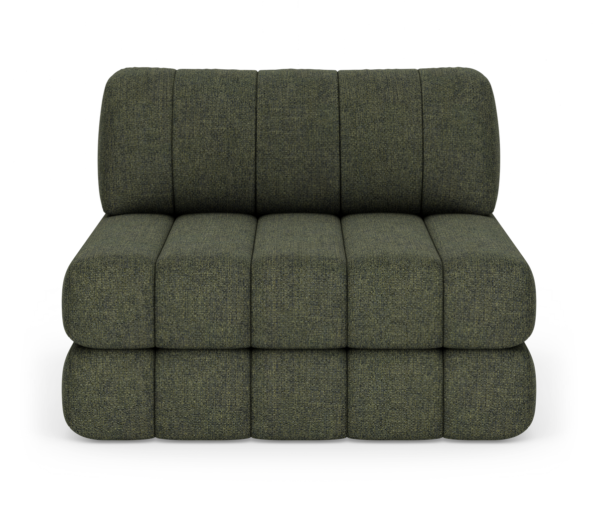 Mørkegrøn modulsofa i tekstil, frontvisning mod hvid baggrund.