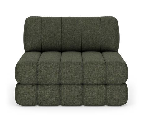 Mørkegrøn modulsofa i tekstil, frontvisning mod hvid baggrund.