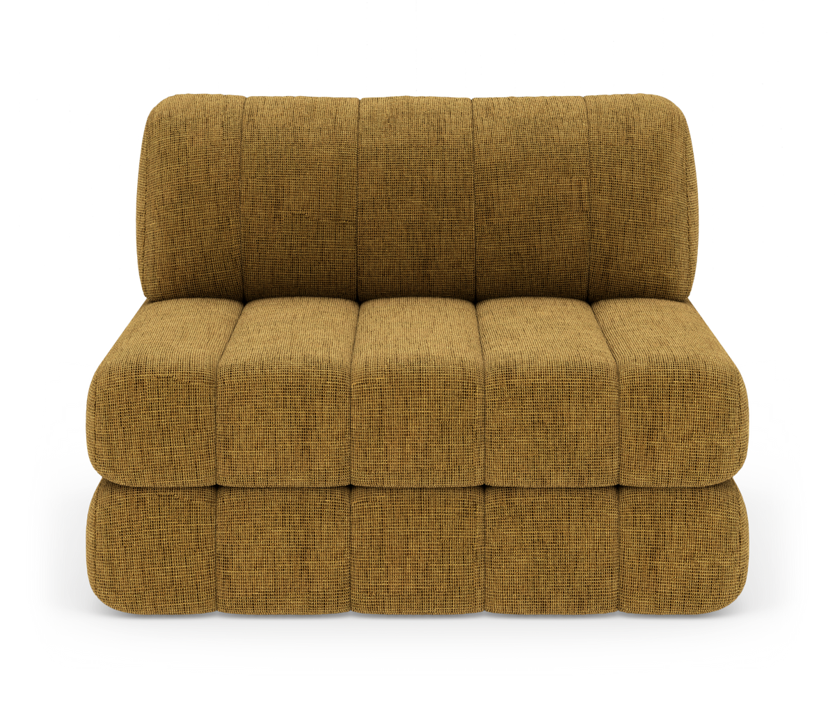 Modulsofa uden armlæn i sennepsgul tekstil, frontvisning i studiemiljø.