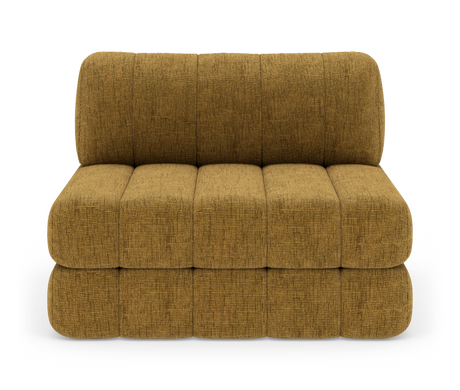 Modulsofa uden armlæn i sennepsgul tekstil, frontvisning i studiemiljø.