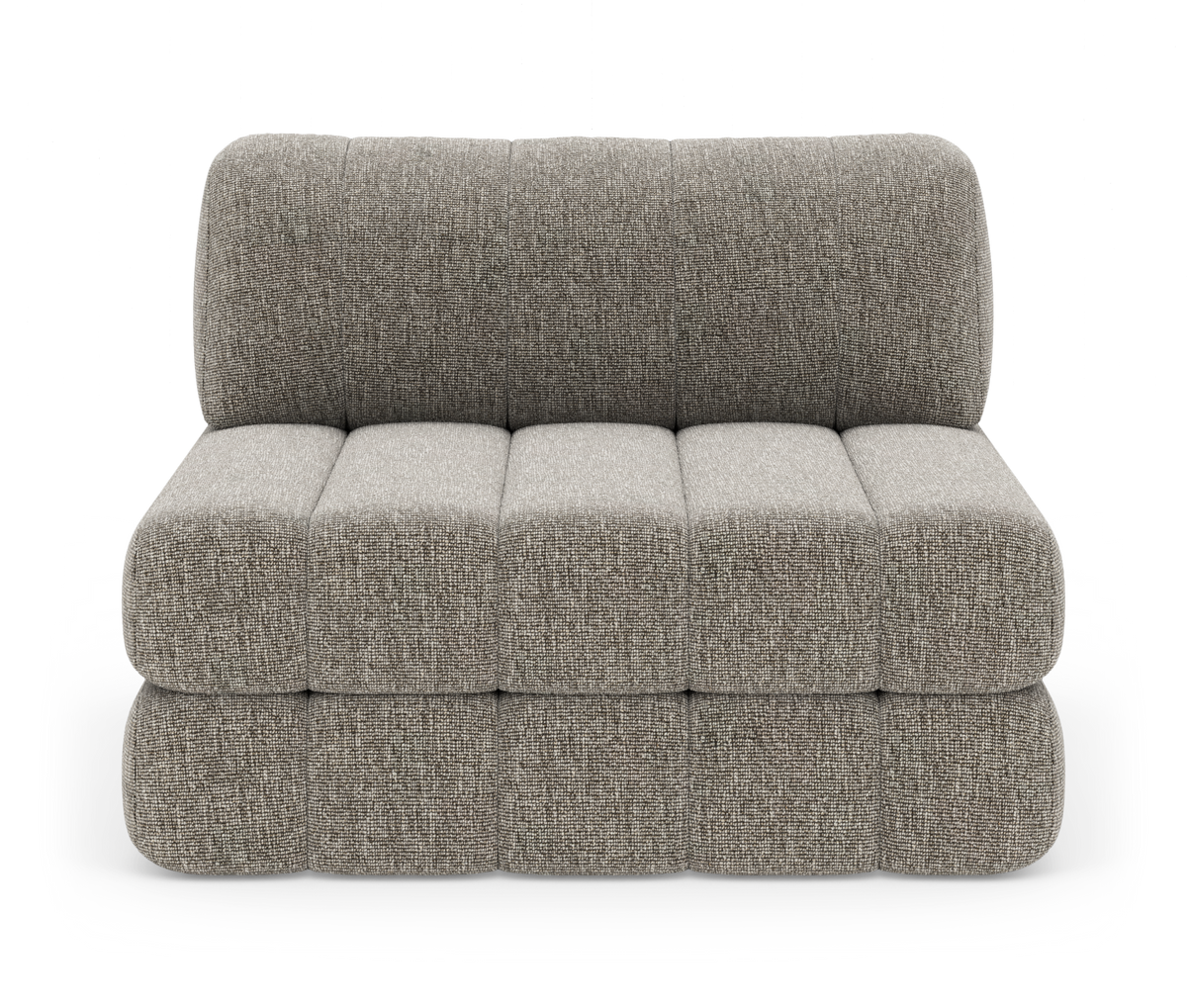 Modulær armløs loungestol i gråbeige tekstil, frontview i studie.
