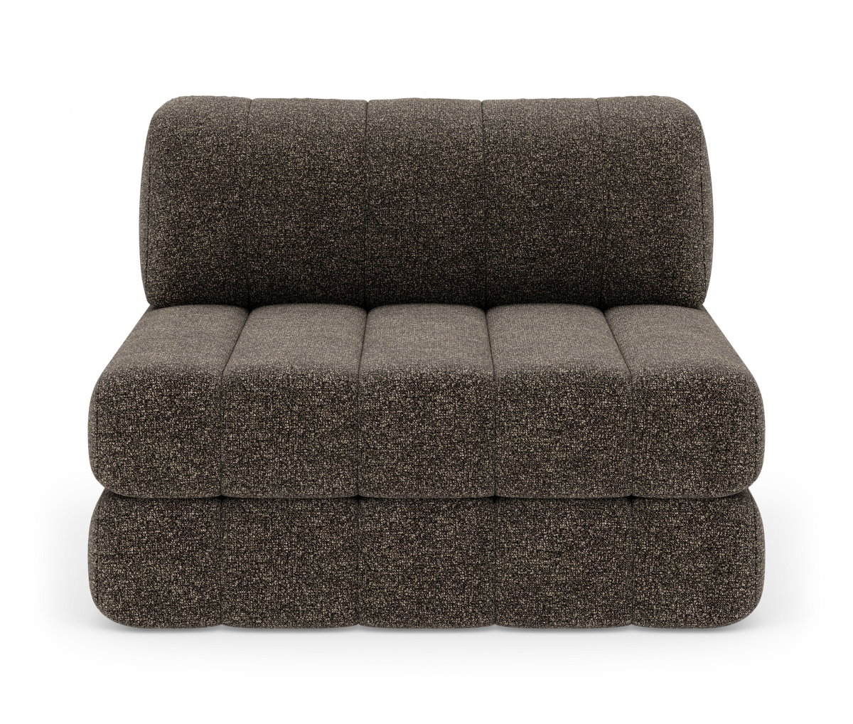 Modulsofa i mørkebrun tekstil, tosædet med afrundede puder og kanalsyet sæde, frilagt på hvid baggrund.
