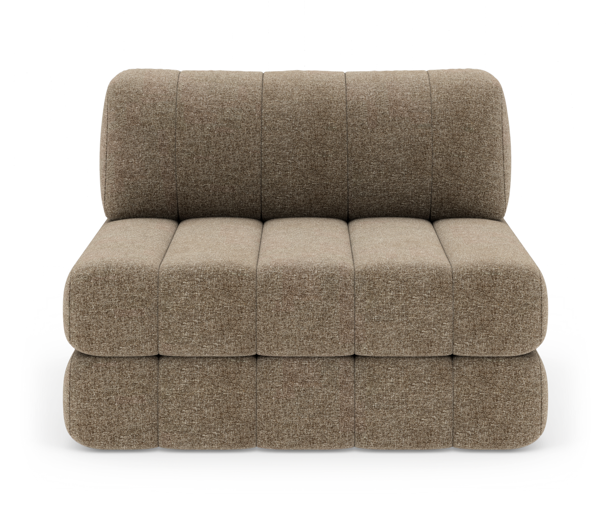 Modulær armløs 2-personers sofa i beige-meleret stof med afrundede, quiltede bloksektioner.