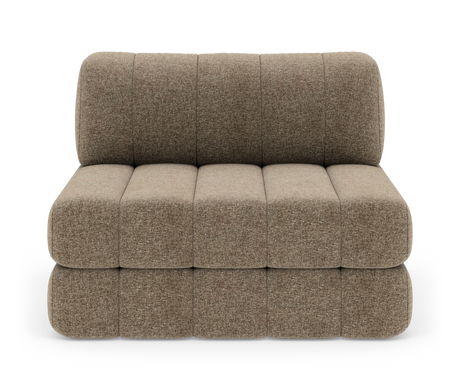 Modulær armløs 2-personers sofa i beige-meleret stof med afrundede, quiltede bloksektioner.