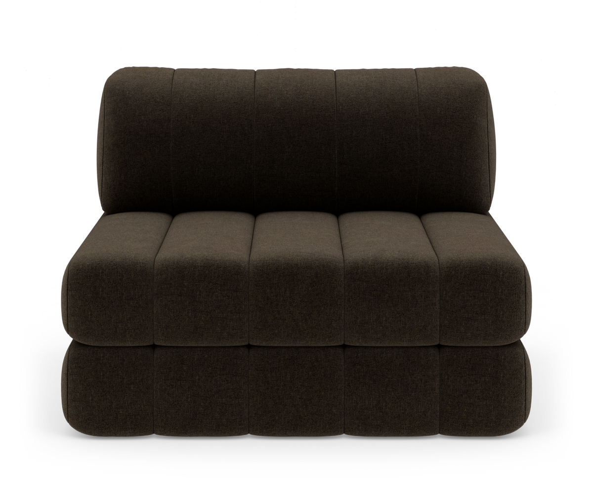 Modulsofa uden armlæn i mørkebrun tekstil, frontvisning på frilagt baggrund.