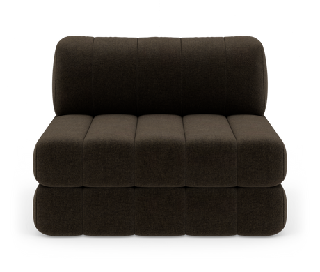 Modulsofa uden armlæn i mørkebrun tekstil, frontvisning på frilagt baggrund.