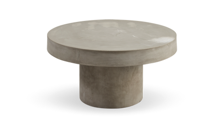 Rundt sofabord i beton med tyk bordplade og cylindrisk søjlefod i grå, frilagt produktbillede.