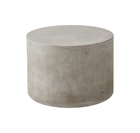Cylindrisk sidebord/skammel i lysegrå beton.