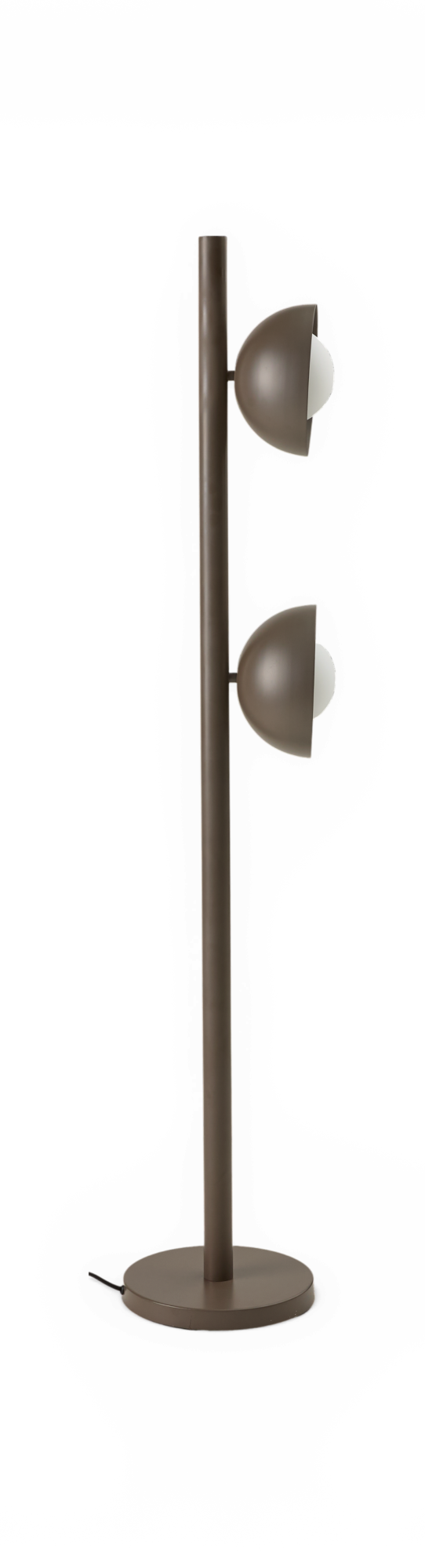 Brun gulvlampe i metal med to halvkupede justerbare skærme på en lodret stang og rund fod.