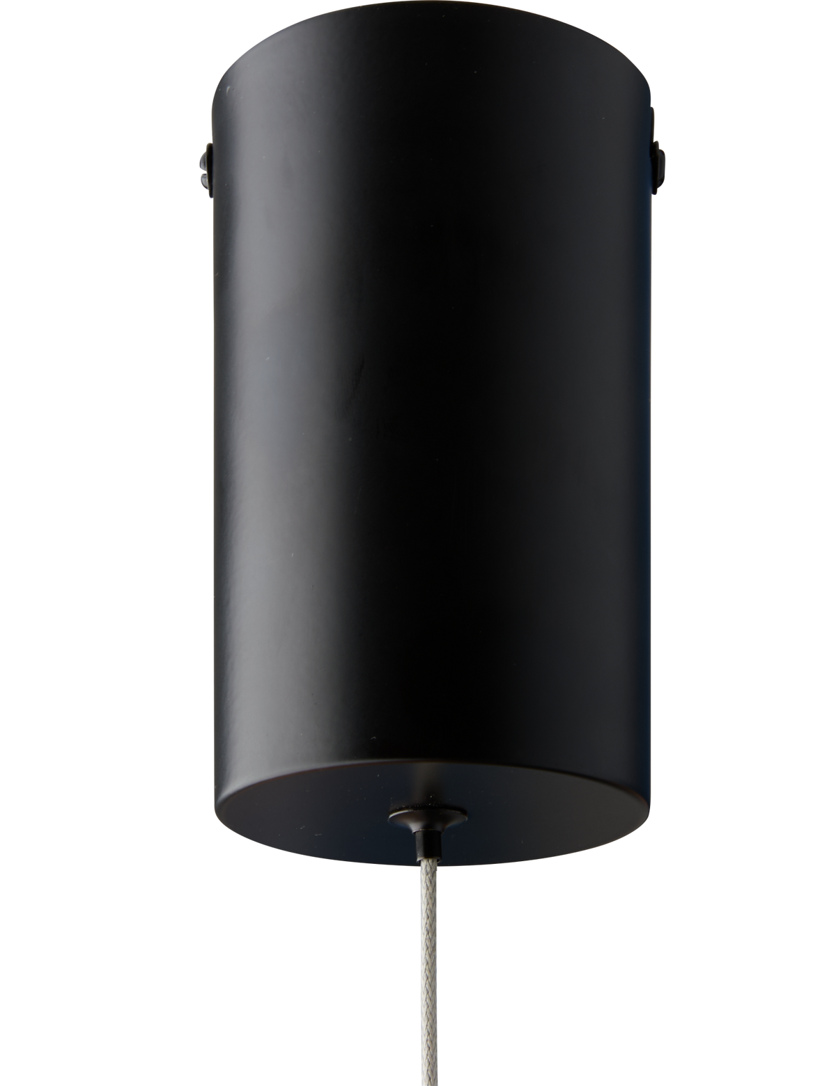 Sort cylindrisk loftrosette til pendellampe med kabel, frilagt produktfoto.