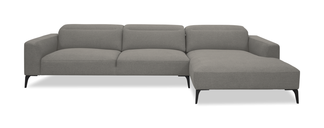Grå modulsofa med højre chaiselong, moderne design på sorte ben, frilagt på hvid baggrund.
