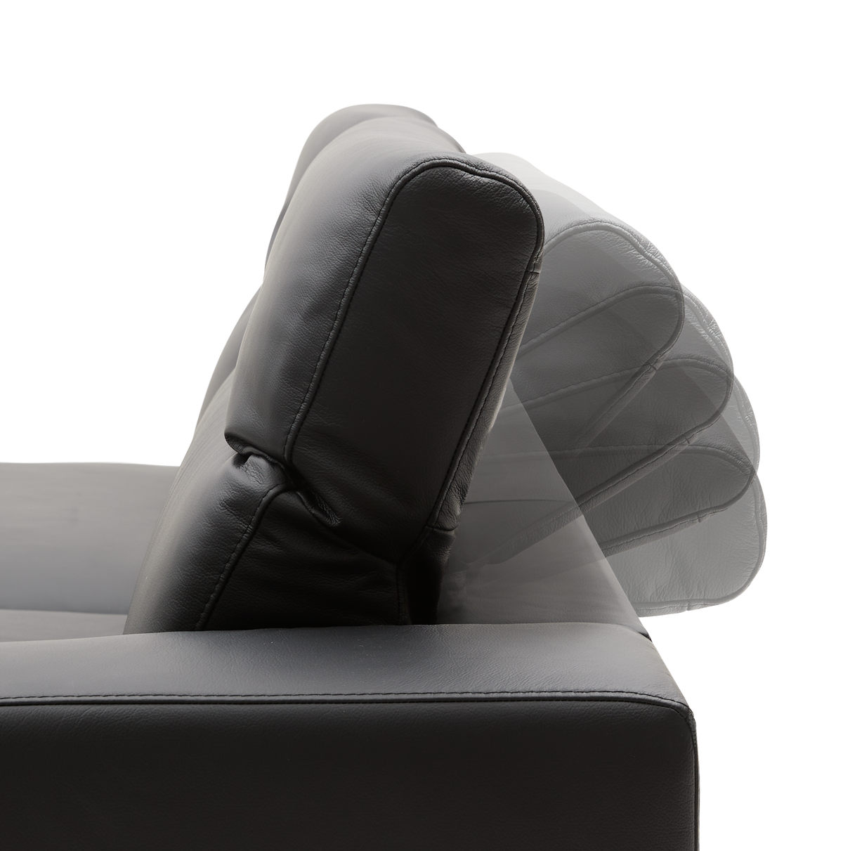 Sidevisning af sort lædersofa med justerbar nakkestøtte i flere positioner.