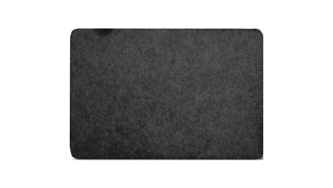 Grå, tekstureret rektangulær papirflade med afrundede hjørner på sort baggrund.