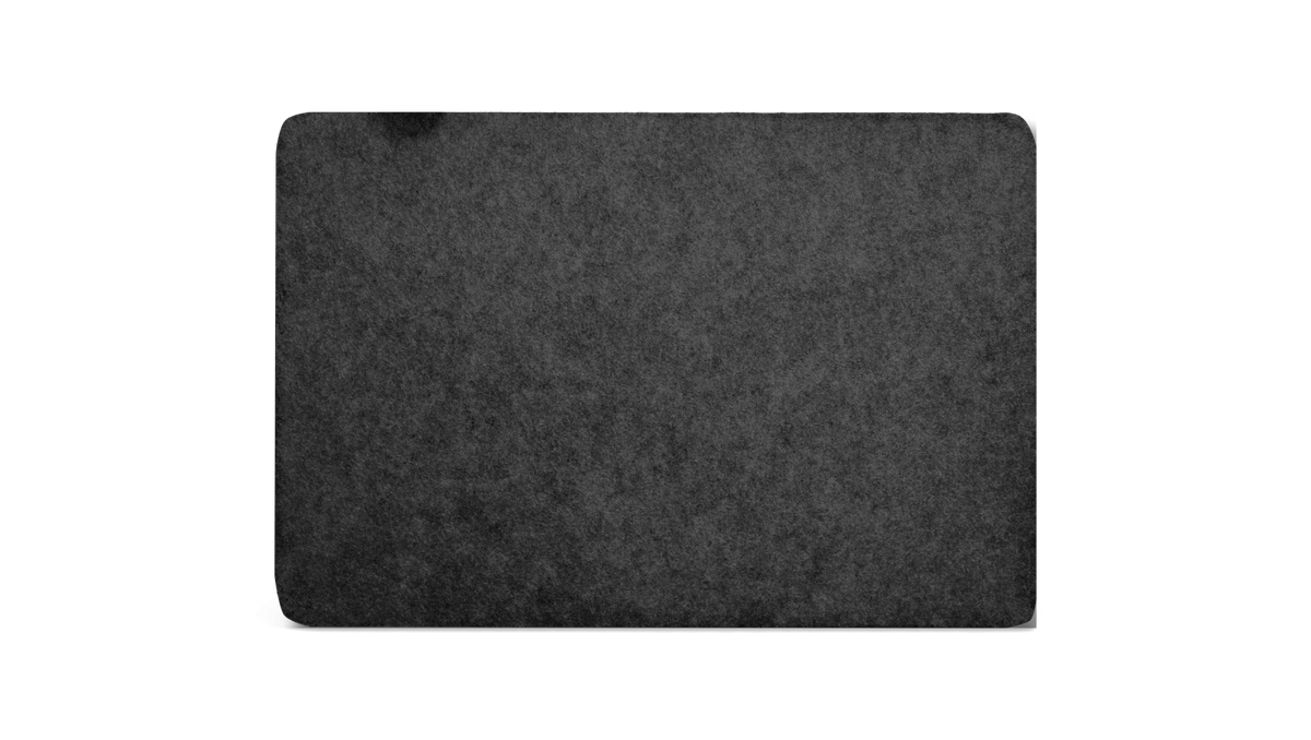 Grå, tekstureret rektangulær papirflade med afrundede hjørner på sort baggrund.