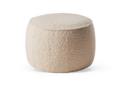Beige rund bouclé‑puf/ottoman til sidde- eller fodskammel.