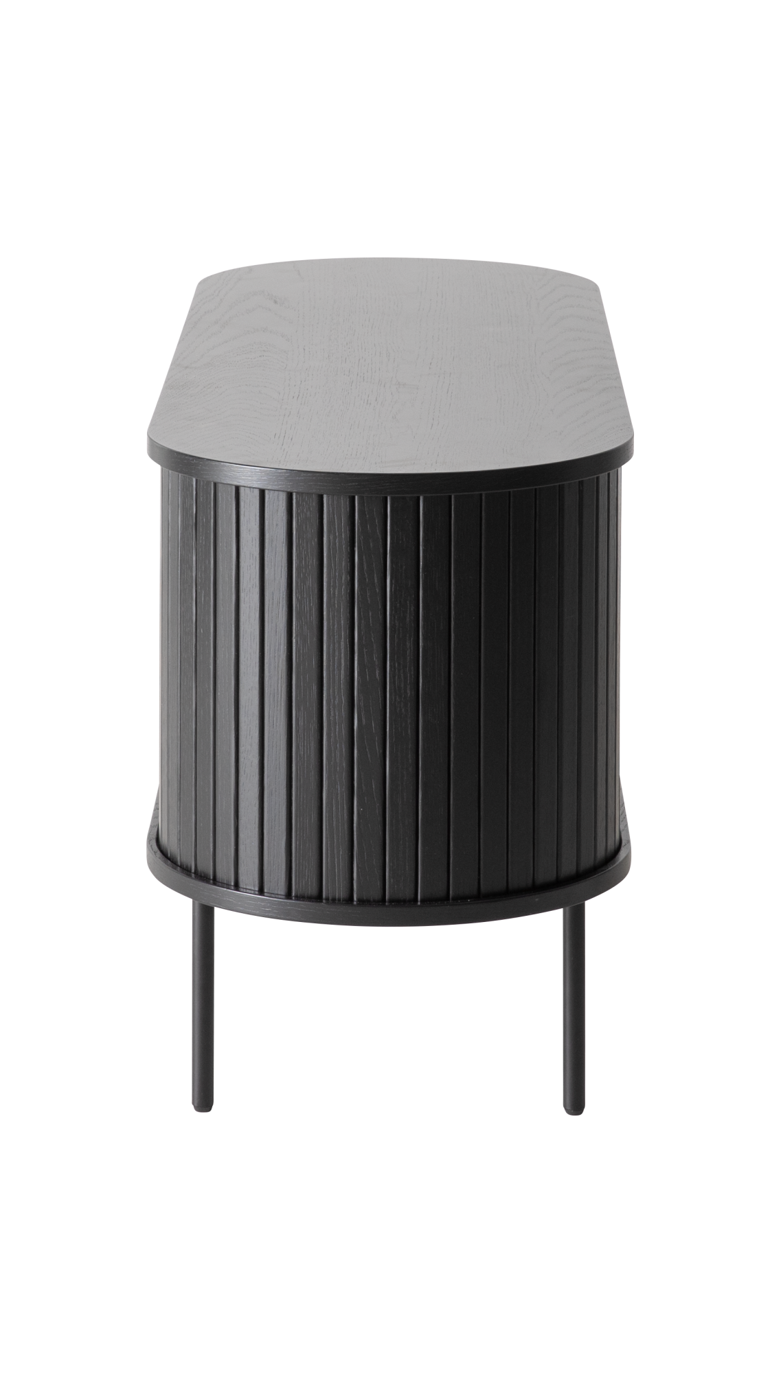 Sort rundt sidebord med rillet cylindrisk korpus og slanke ben, frilagt.