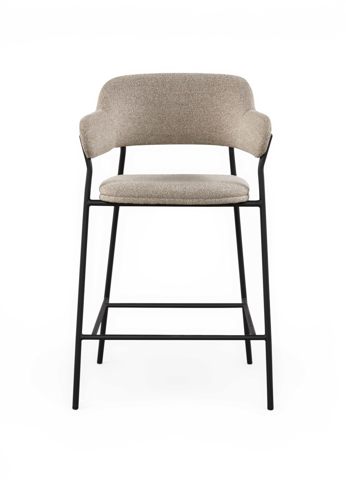 Barstol med beige polstring og sort metalstel set forfra.