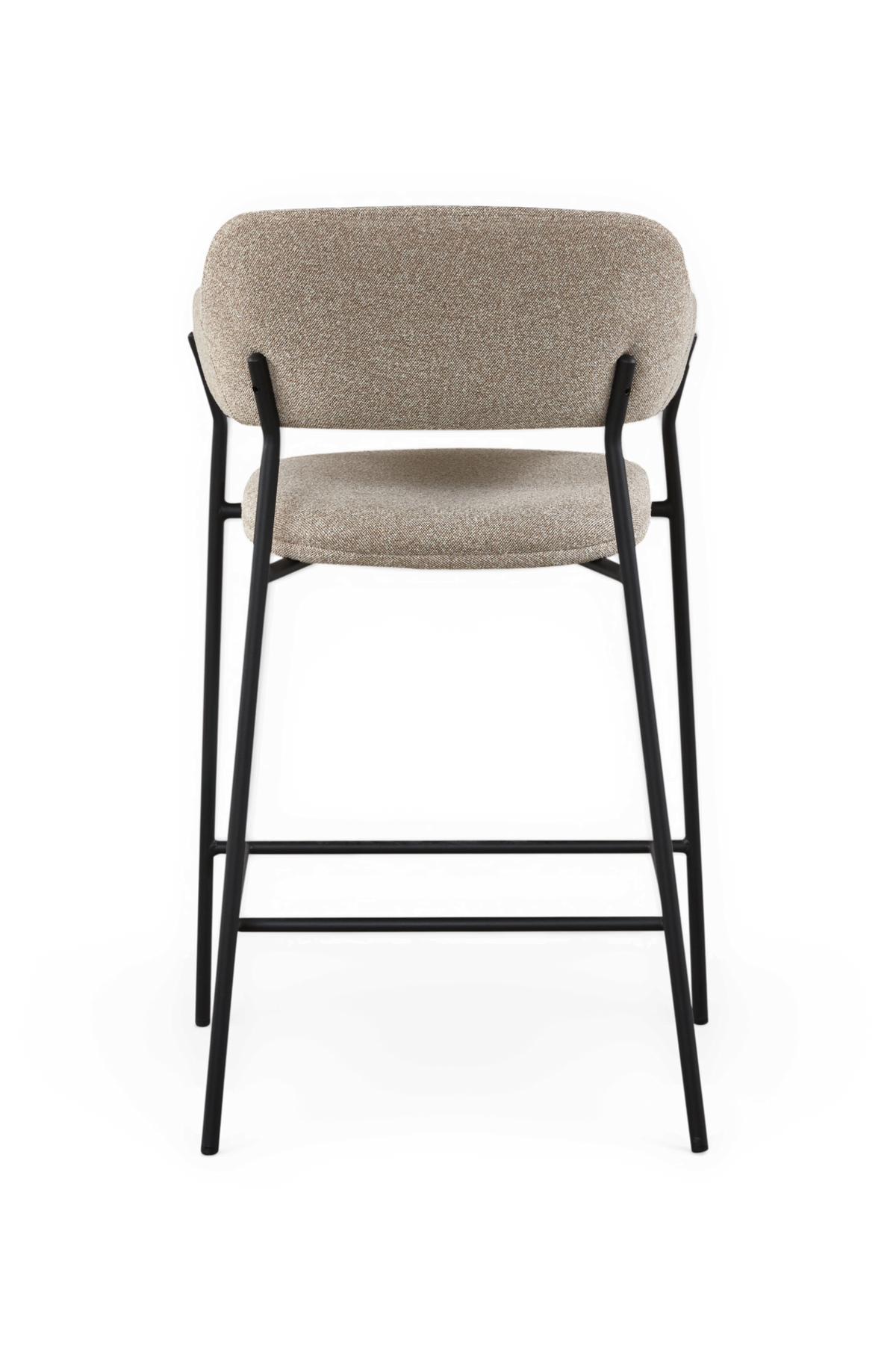 Barstol med beige polstring og sort metalstel, set bagfra.