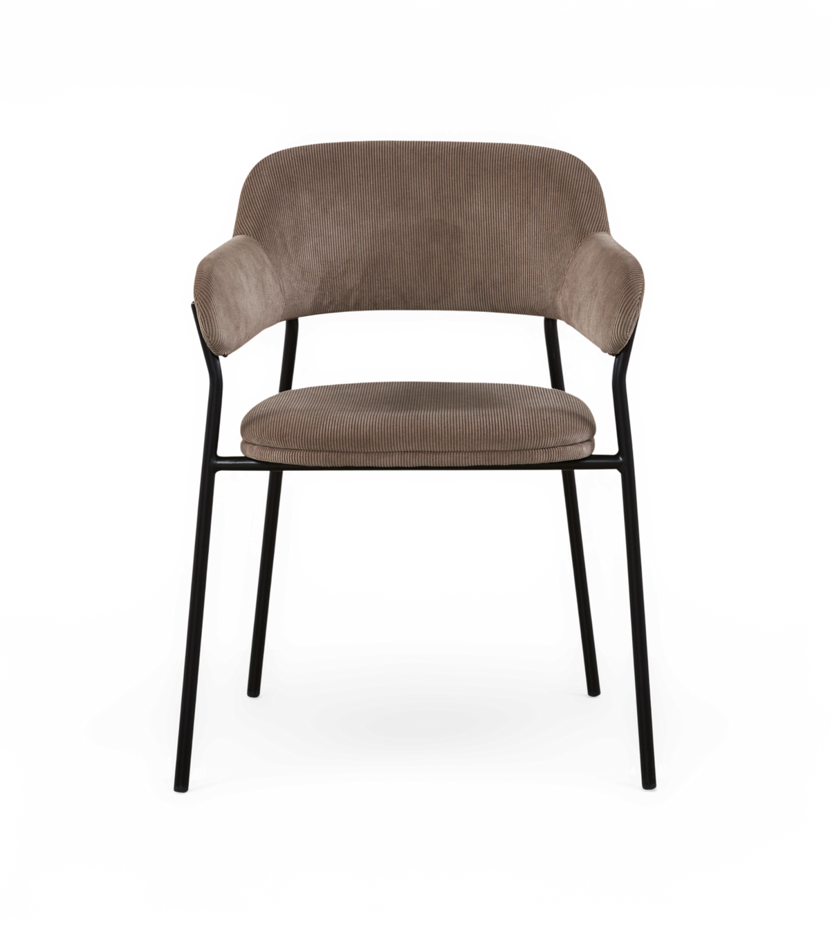 Moderne stol med armlæn i beige/taupe fløjl/cord og sorte metalben, frilagt forfra.