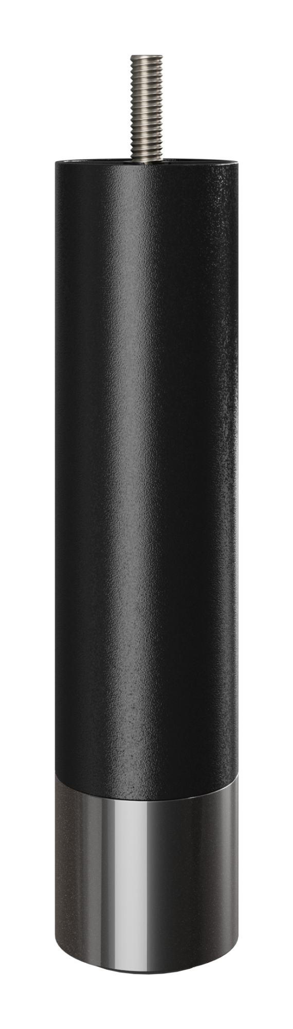 Sort cylindrisk møbelben med gevindskrue og blank metalfod, fritlagt på hvid baggrund.