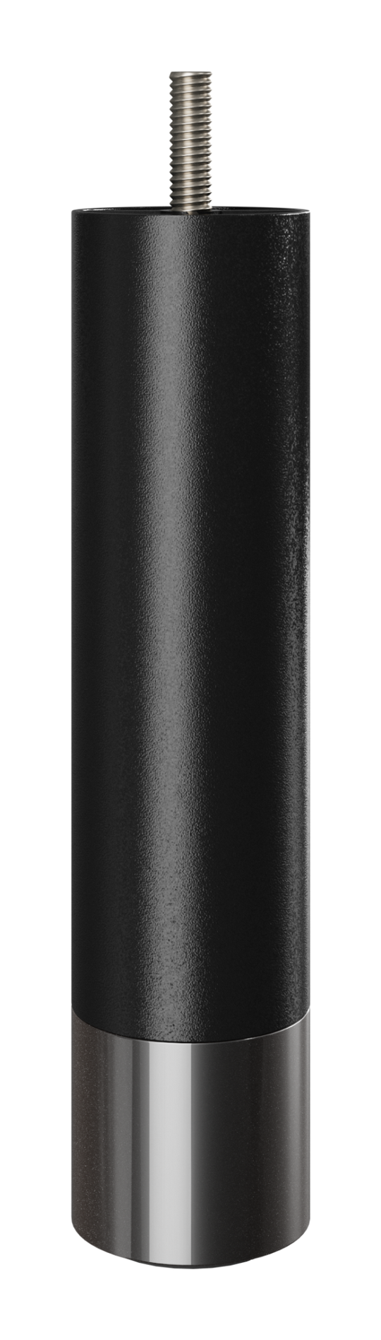 Sort cylindrisk møbelben med gevindskrue og blank metalfod, fritlagt på hvid baggrund.
