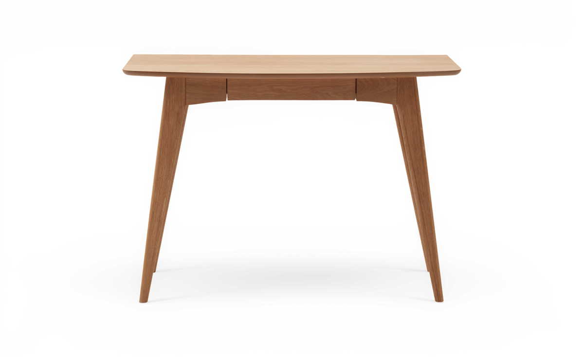 Konsolbord/skrivebord i eg med smal skuffe og koniske ben, frilagt på hvid baggrund.