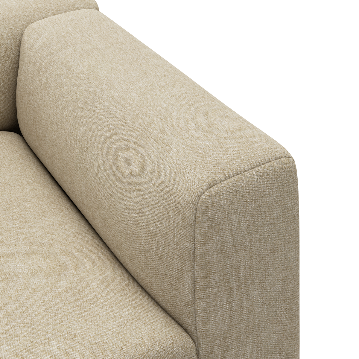 Nærbillede af beige sofa armlæn og sæde i tekstil.