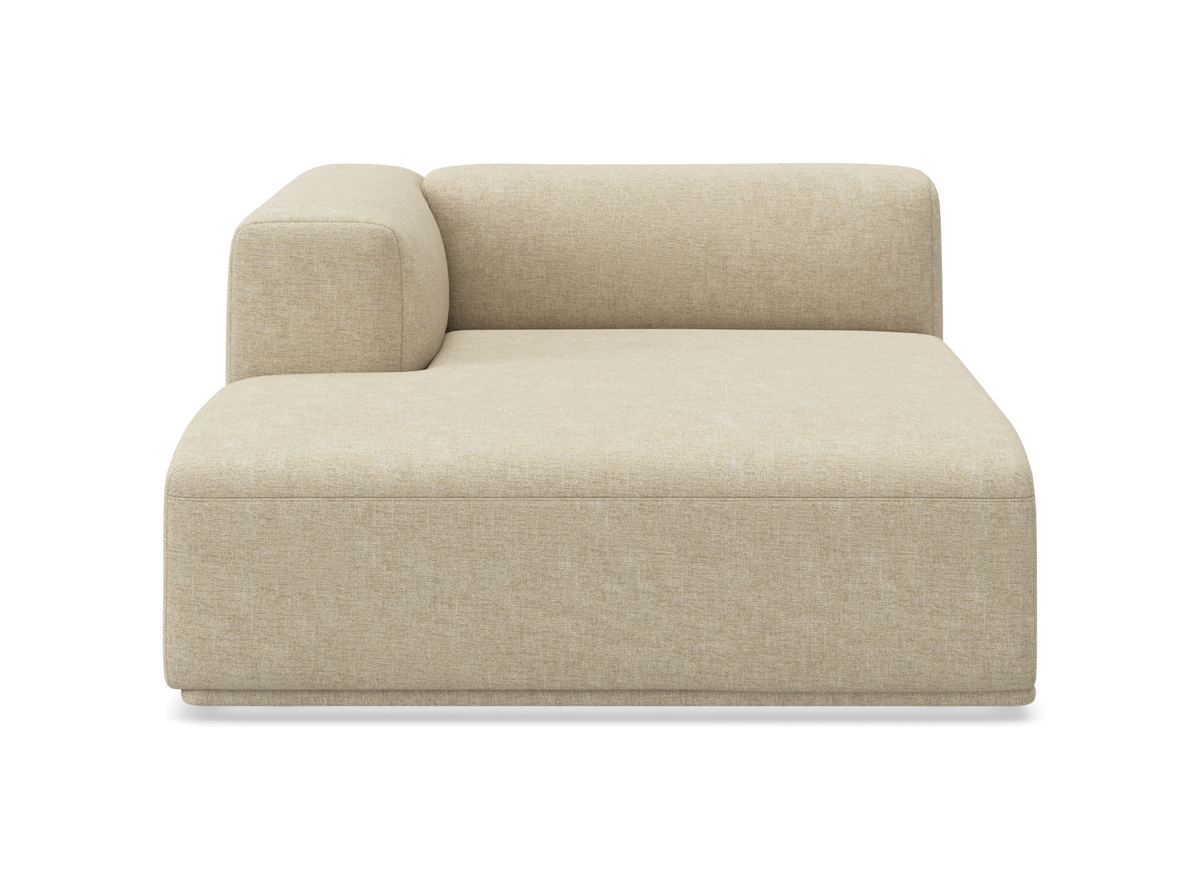Beige modulsofa med venstre armlæn, frilagt på hvid baggrund, frontvisning.