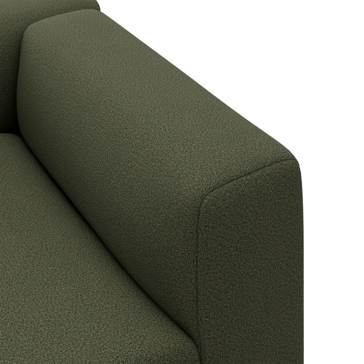 Nærbillede af mørkegrøn stofsofa med afrundet armlæn og sæde i struktureret tekstil.