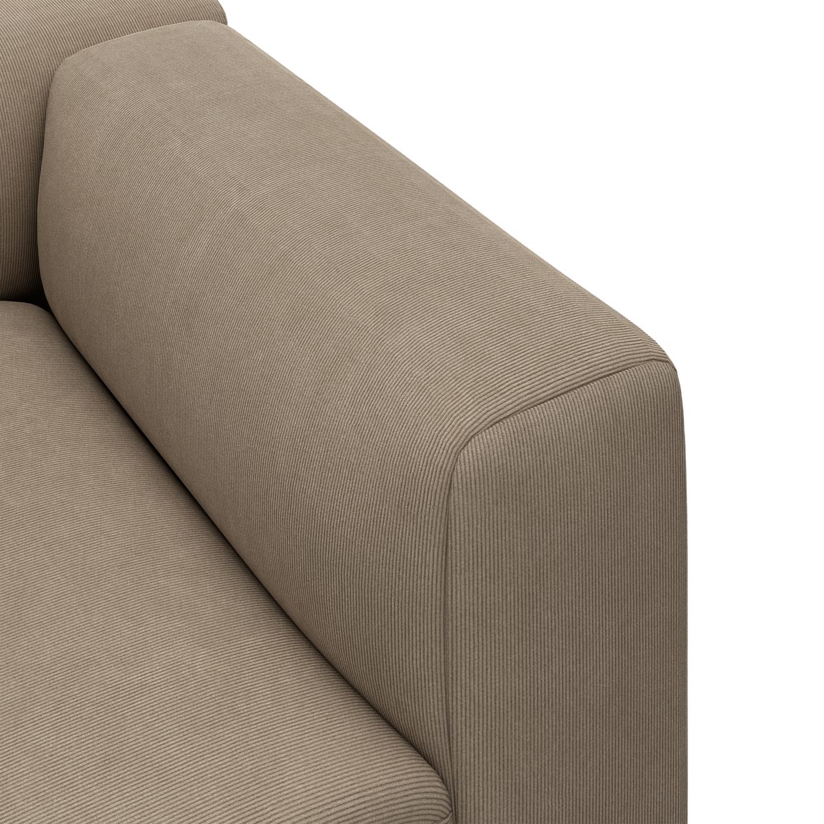 Nærbillede af beige cordfløjl-sofa med armlæn og sædepude.